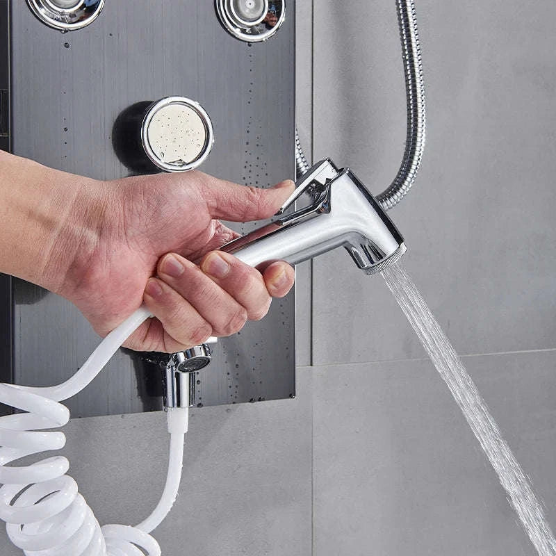 Black Bathroom Shower Panel with LED Display and Massage Jets-Brushed 8009 / GERMANY