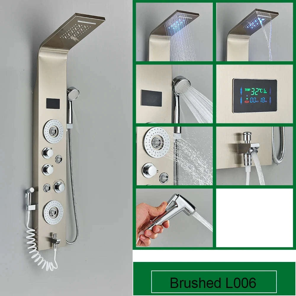 Black Bathroom Shower Panel with LED Display and Massage Jets-Brushed 8009 / GERMANY