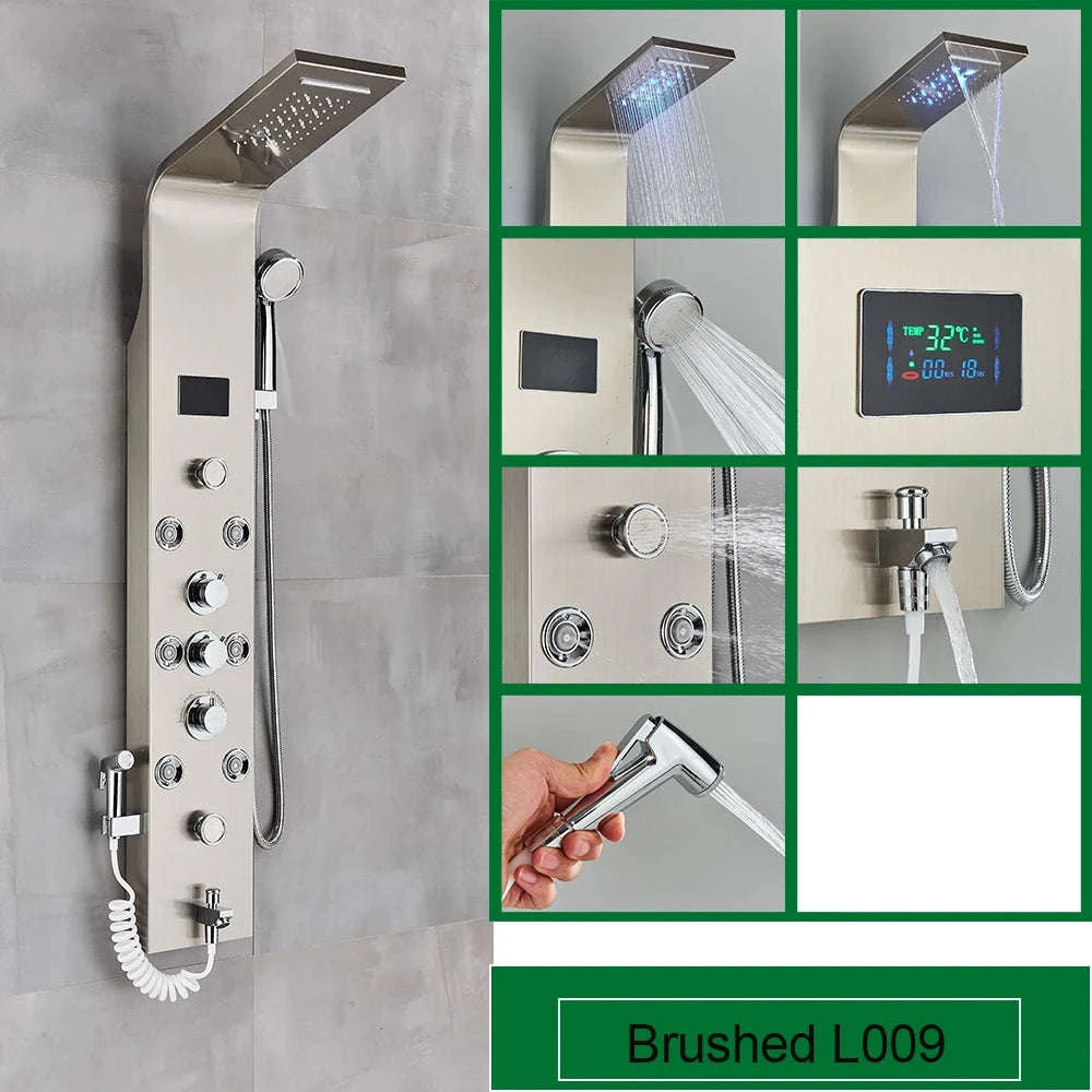Black Bathroom Shower Panel with LED Display and Massage Jets-Brushed 8009 / GERMANY