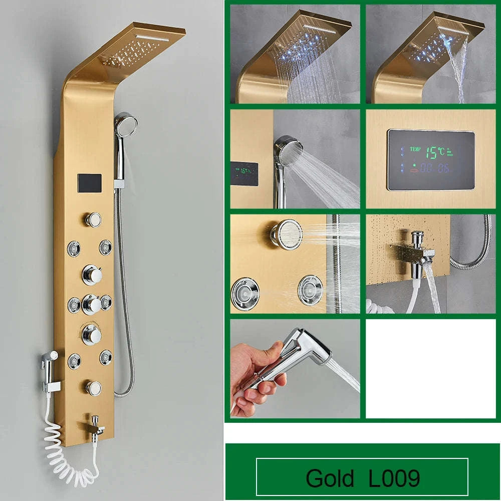 Black Bathroom Shower Panel with LED Display and Massage Jets-Brushed 8009 / GERMANY