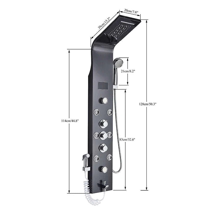 Black Bathroom Shower Panel with LED Display and Massage Jets-Brushed 8009 / GERMANY