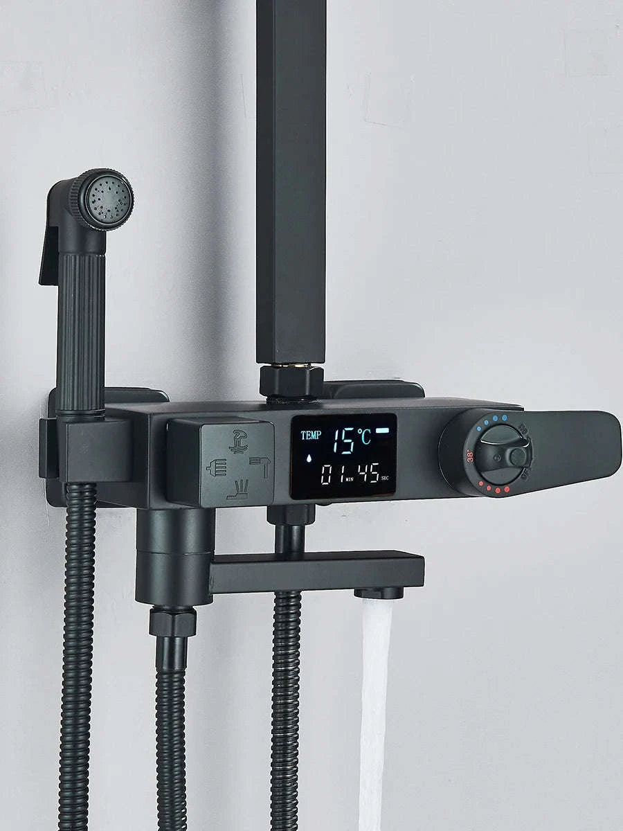 Black Digital Display Thermostatic Shower Faucet Set-Matte Black / GERMANY
