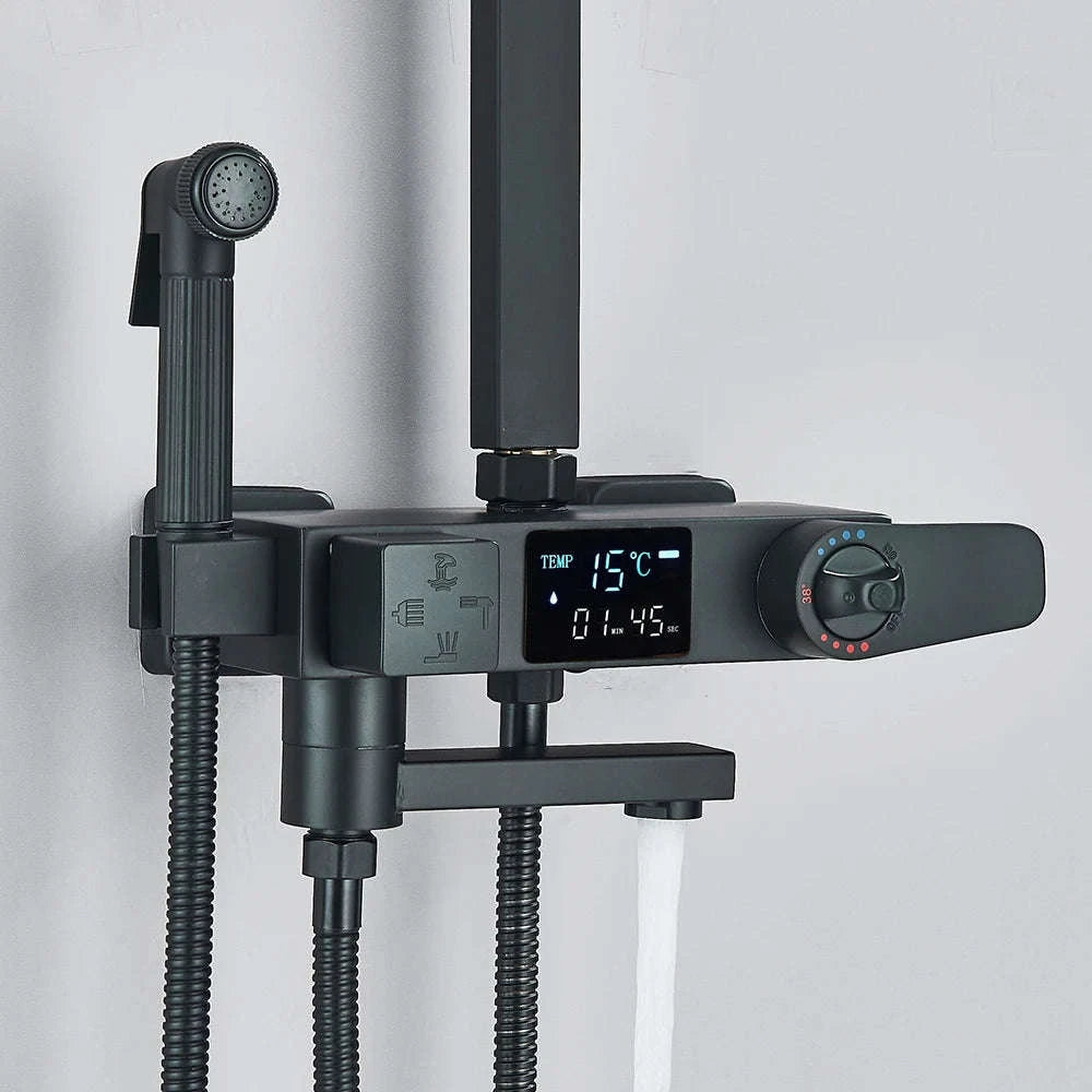 Black Digital Display Thermostatic Shower Faucet Set-Matte Black / GERMANY