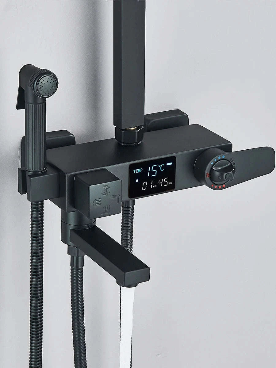 Black Digital Display Thermostatic Shower Faucet Set-Matte Black / GERMANY