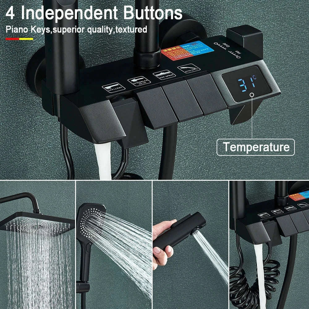 Black Digital Shower Set with Rainfall Head and Hand Shower-White / Poland