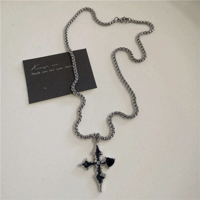 Black Heart Cross Punk Rock Necklace-2