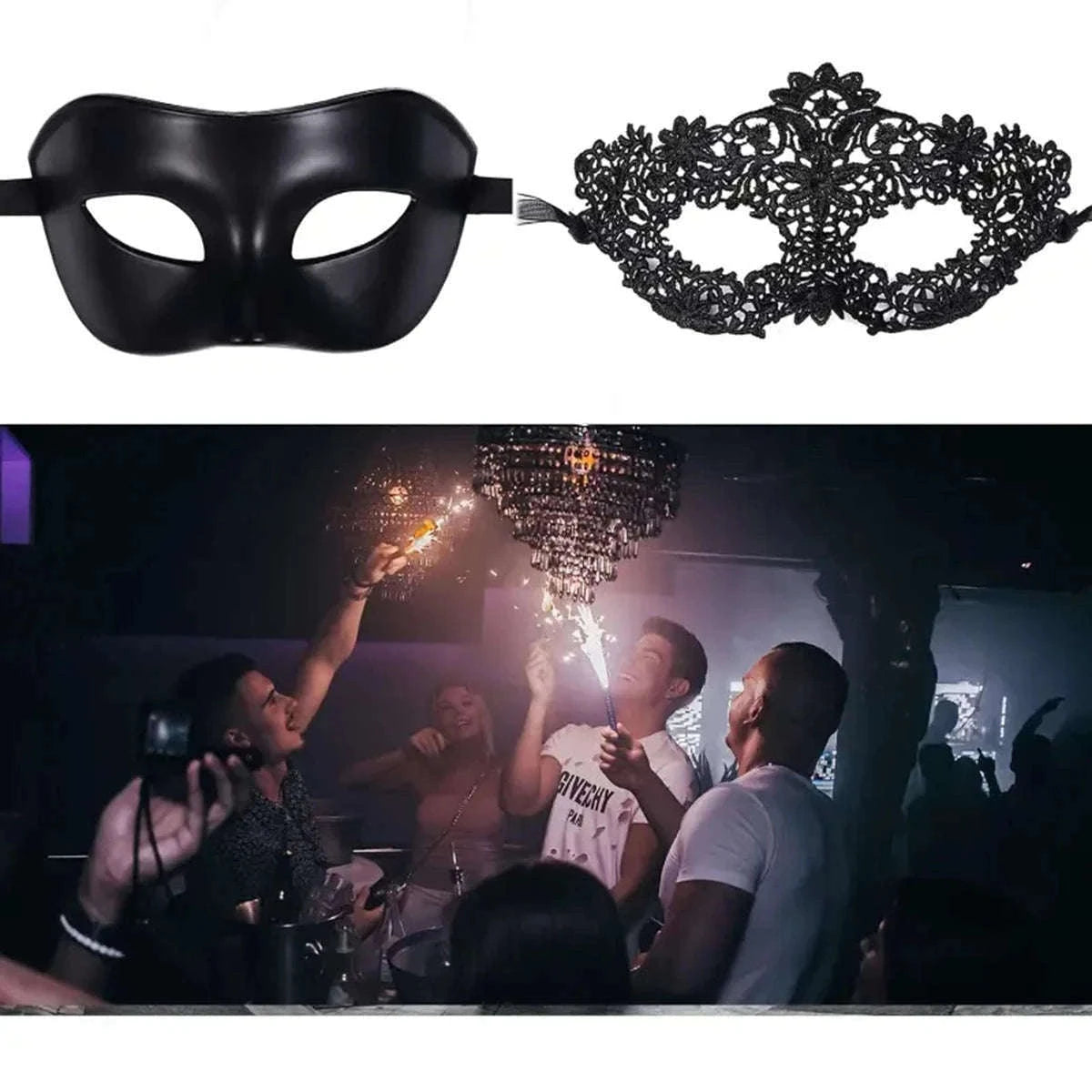 Black Lace Masquerade Mask Set for Couples-Mens style