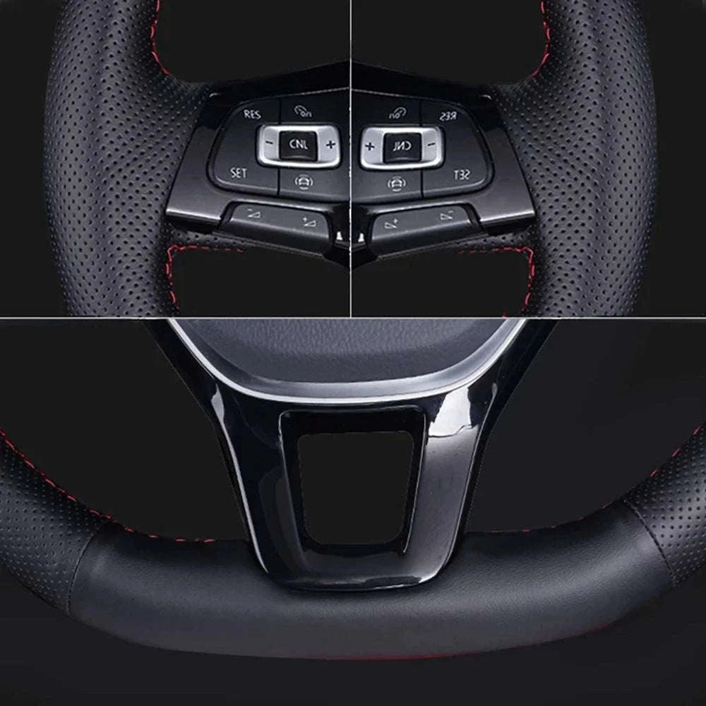 Black Leather VW Steering Wheel Cover for Comfort and Grip-Red Thread