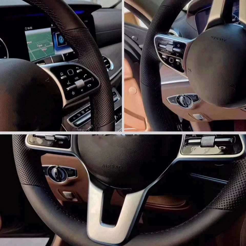 Black Leather VW Steering Wheel Cover-Red Thread