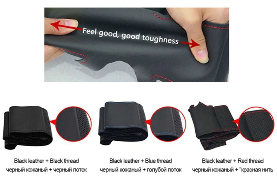 Black Leather VW Steering Wheel Cover-Red Thread