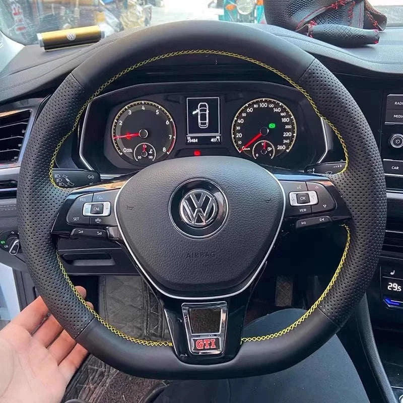 Black Leather VW Steering Wheel Cover-Red Thread