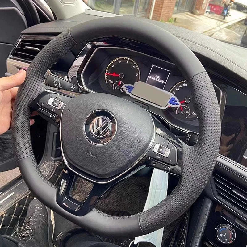 Black Leather VW Steering Wheel Cover-Red Thread