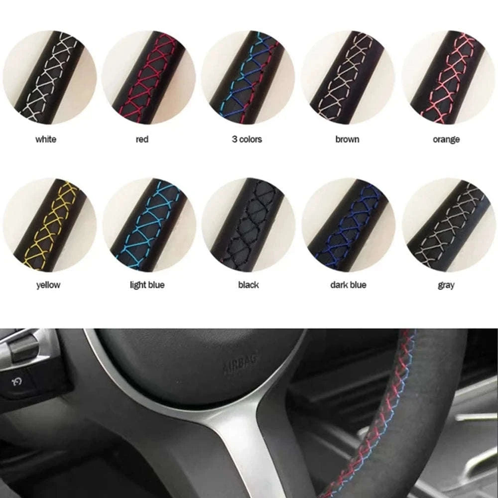 Black Leather VW Steering Wheel Cover-Red Thread