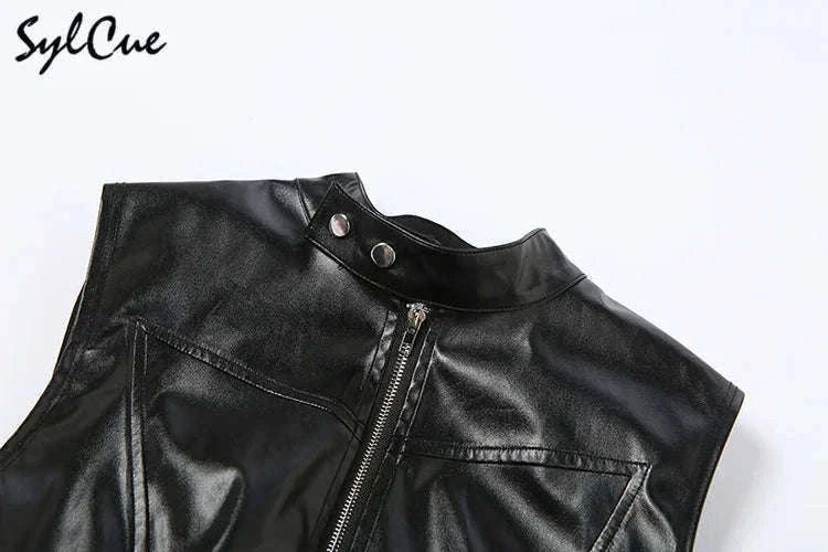 Black Matte Faux Leather Zipper Vest for Women – Sleek Street Style-black / L