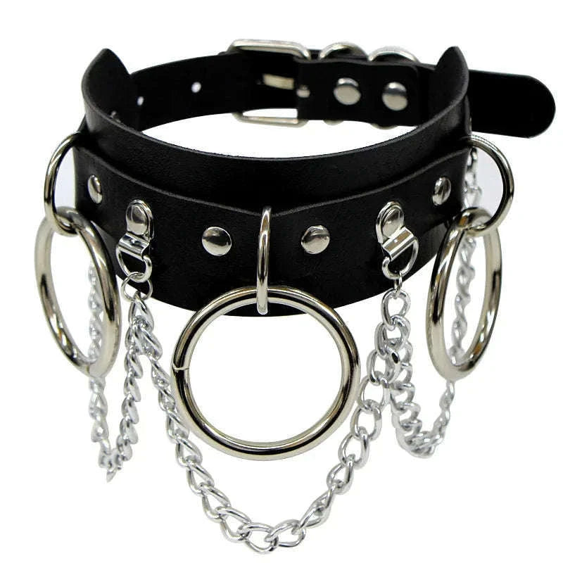 Black PU Leather Heart Lock Choker Necklace-Long Rivet