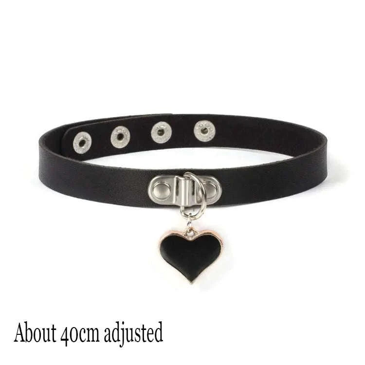 Black PU Leather Heart Lock Choker Necklace-Long Rivet