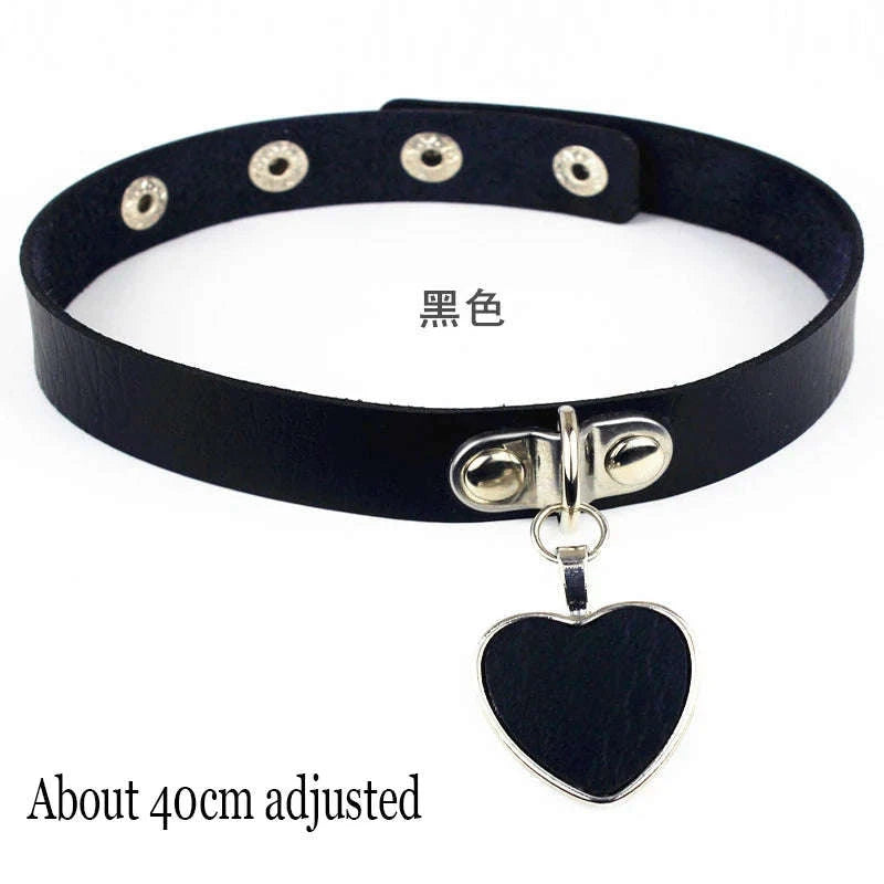 Black PU Leather Heart Lock Choker Necklace-Long Rivet