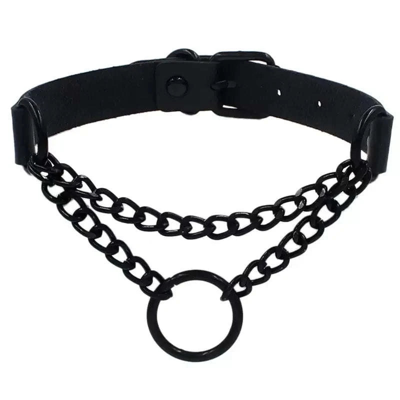 Black PU Leather Heart Lock Choker Necklace-Long Rivet