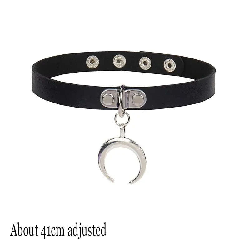 Black PU Leather Heart Lock Choker Necklace-Long Rivet