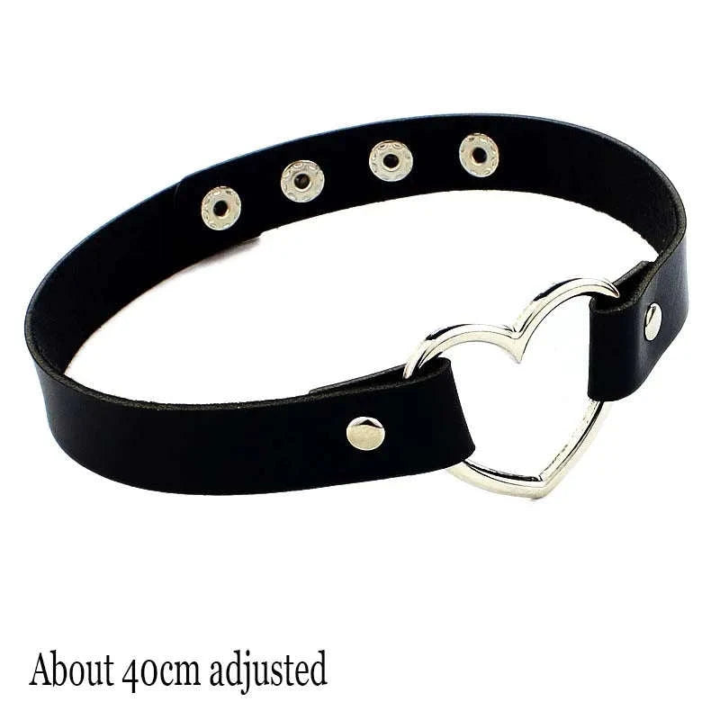 Black PU Leather Heart Lock Choker Necklace-Long Rivet