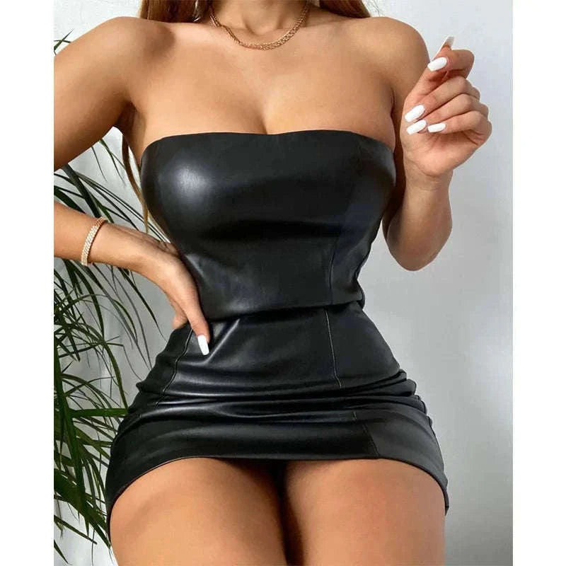 Black PU Leather Strapless Mini Dress for Night Out Style-black / L