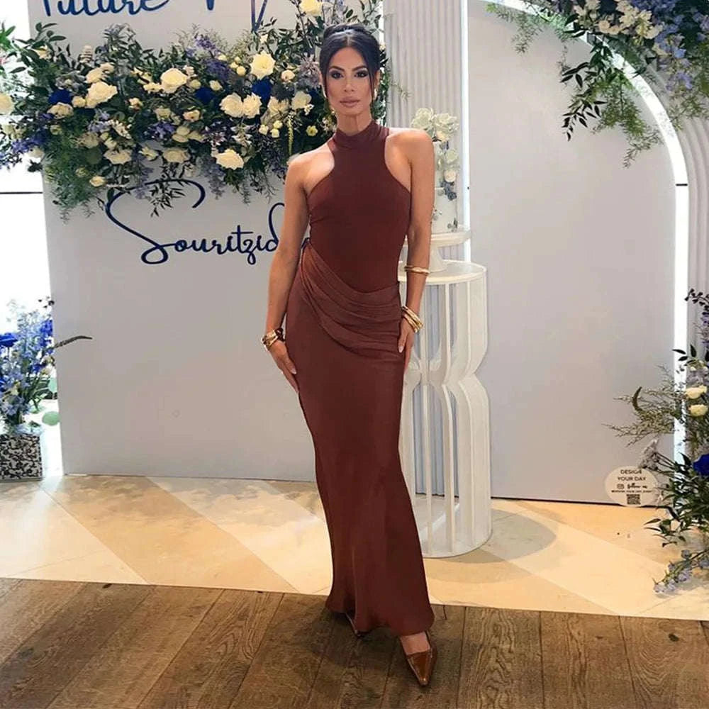 Black Satin Hollow-Out Maxi Dress-Brown Long Sleeve / L
