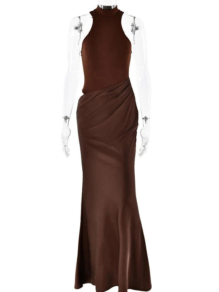 Black Satin Hollow-Out Maxi Dress-Brown Long Sleeve / L