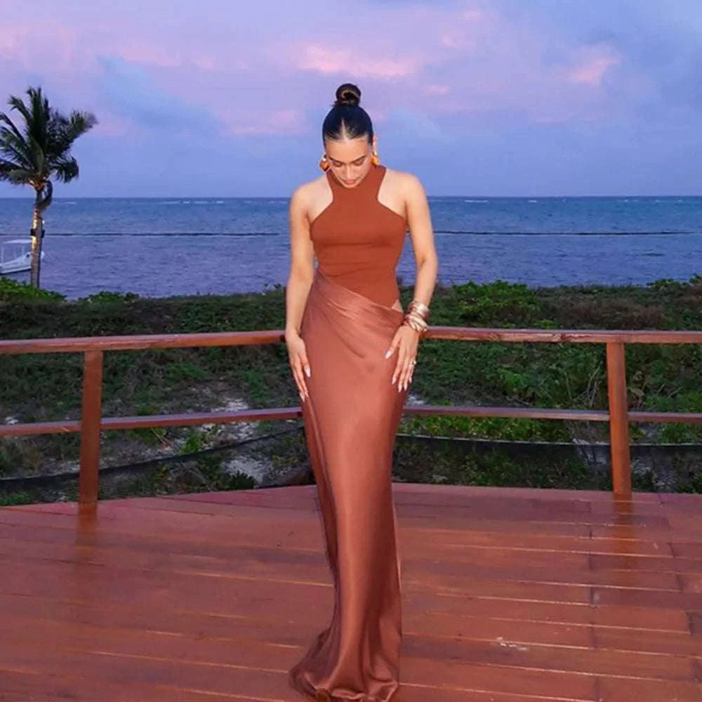 Black Satin Hollow-Out Maxi Dress-Brown Long Sleeve / L
