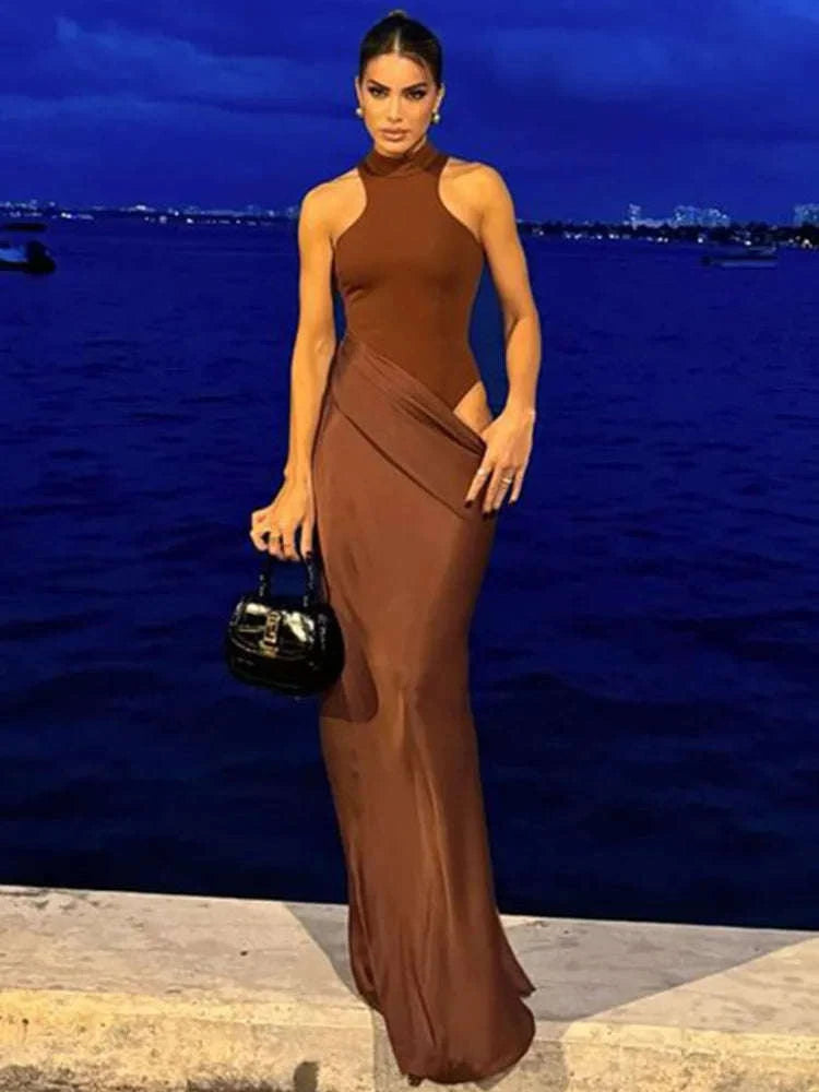 Black Satin Hollow-Out Maxi Dress-Brown Long Sleeve / L