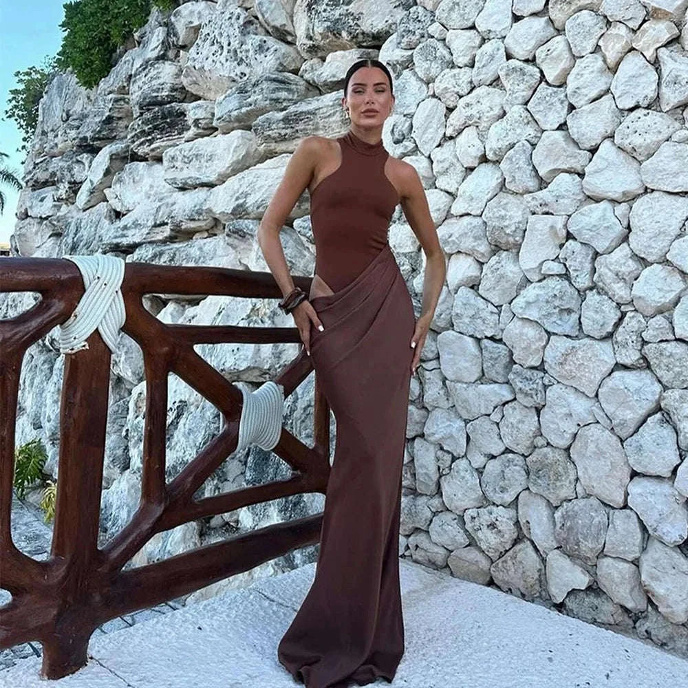Black Satin Hollow-Out Maxi Dress-Brown Long Sleeve / L