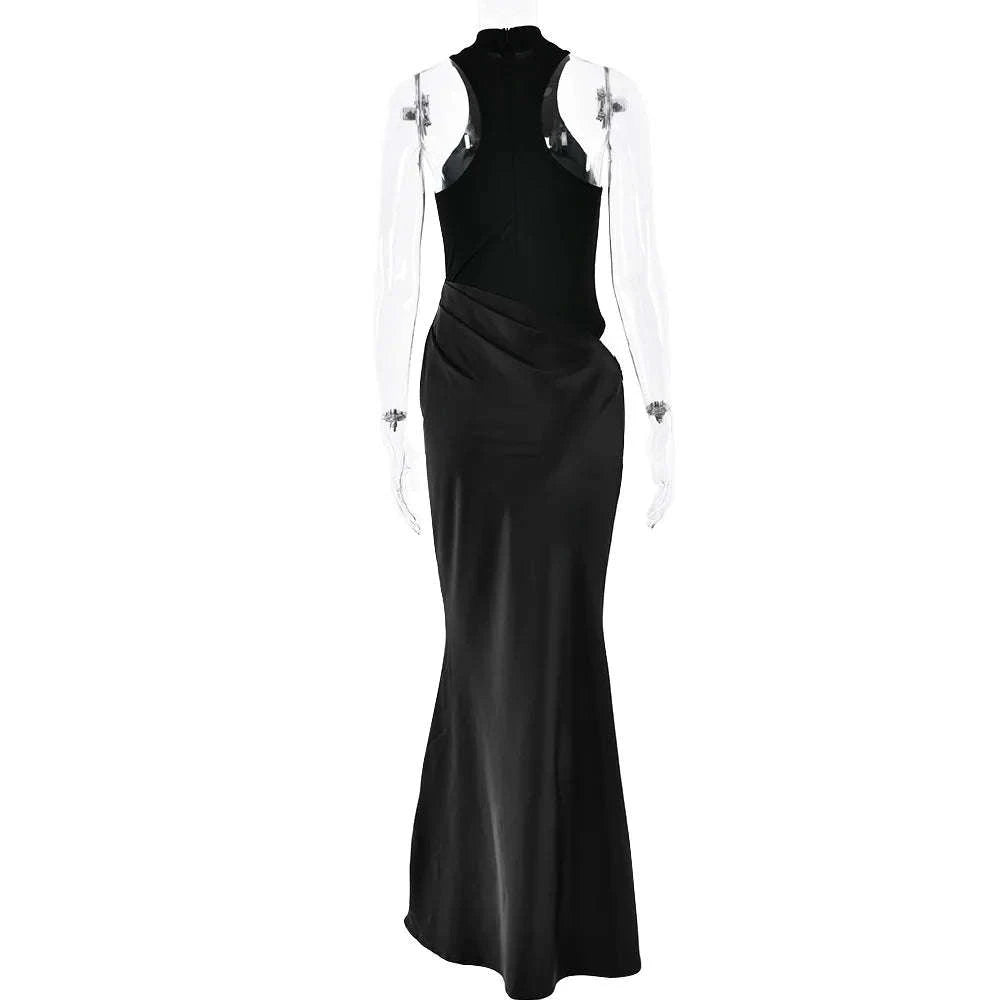 Black Satin Hollow-Out Maxi Dress-Brown Long Sleeve / L