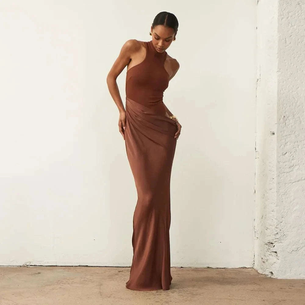 Black Satin Hollow-Out Maxi Dress-Brown Long Sleeve / L