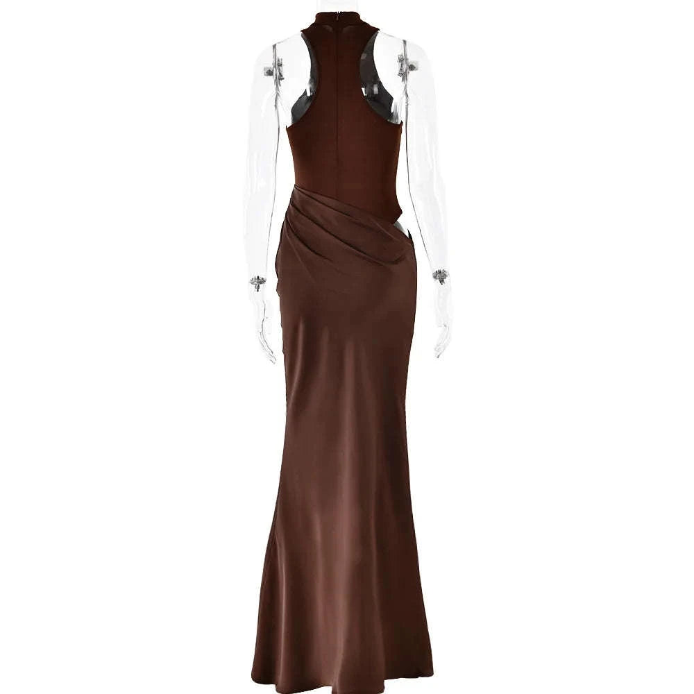 Black Satin Hollow-Out Maxi Dress-Brown Long Sleeve / L