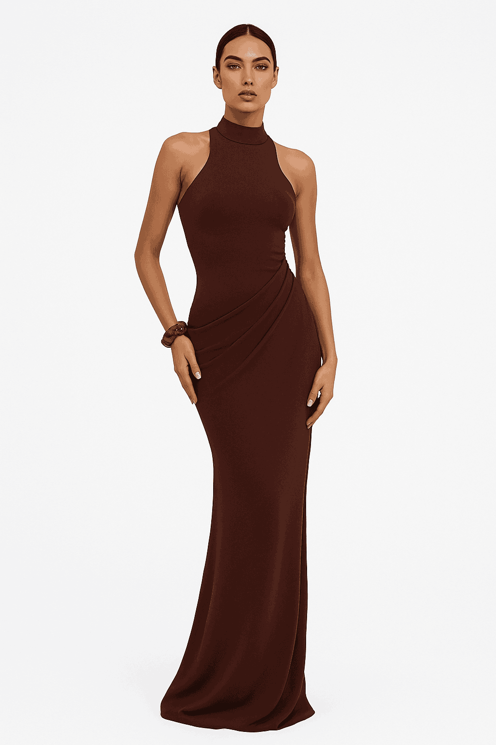 Black Satin Hollow-Out Maxi Dress for Bold Evening Style-Brown Long Sleeve / L