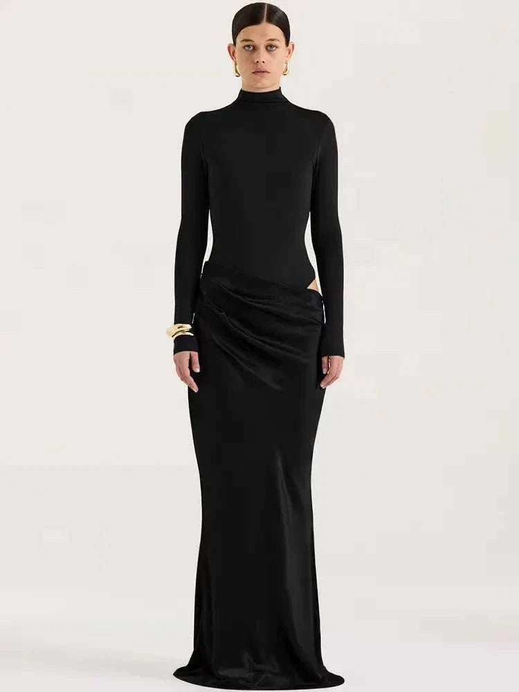 Black Satin Hollow-Out Maxi Dress for Bold Evening Style-Brown Long Sleeve / L
