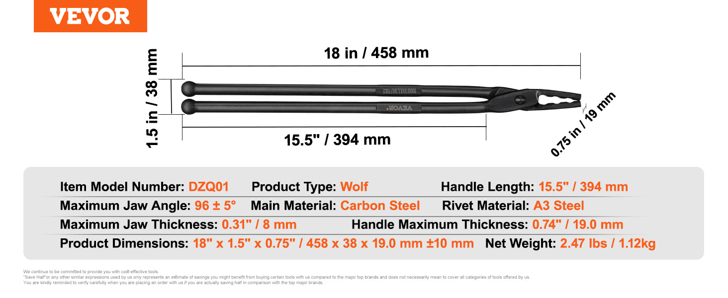 VEVOR Blacksmith Tongs Set – 18-Inch Carbon Steel Forge Tongs