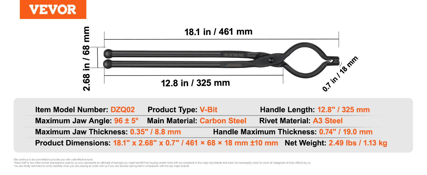VEVOR Blacksmith Tongs Set – 18-Inch Carbon Steel Forge Tongs