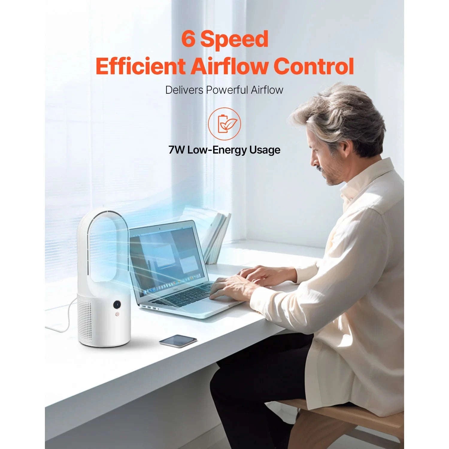 Bladeless Desk Fan with 6 Speeds Quiet 7W Cooling Tower-Without battery / United States