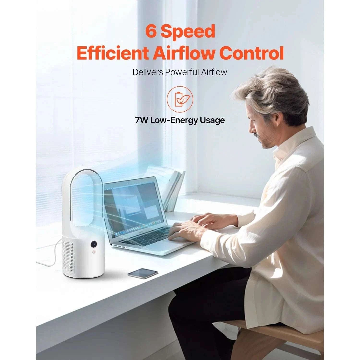 Bladeless Desk Fan with 6 Speeds Quiet 7W Cooling Tower-Without battery / United States