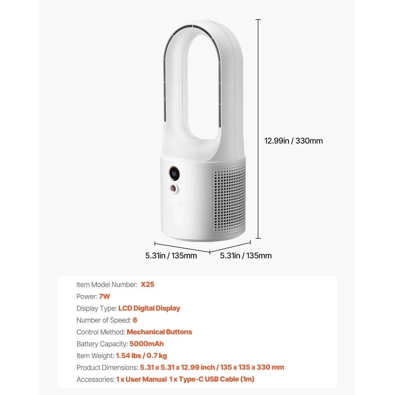 Bladeless Desk Fan with 6 Speeds Quiet 7W Cooling Tower-Without battery / United States