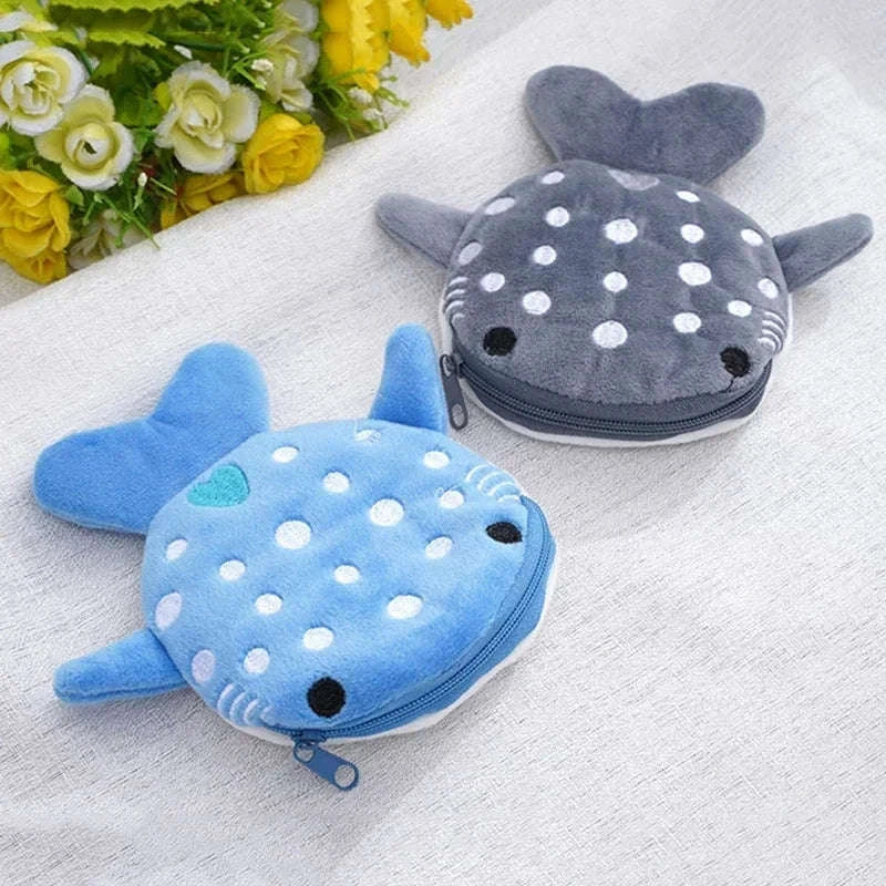 Blue Shark & Whale Plush Coin Purse – Cute Zipper Wallet-grey