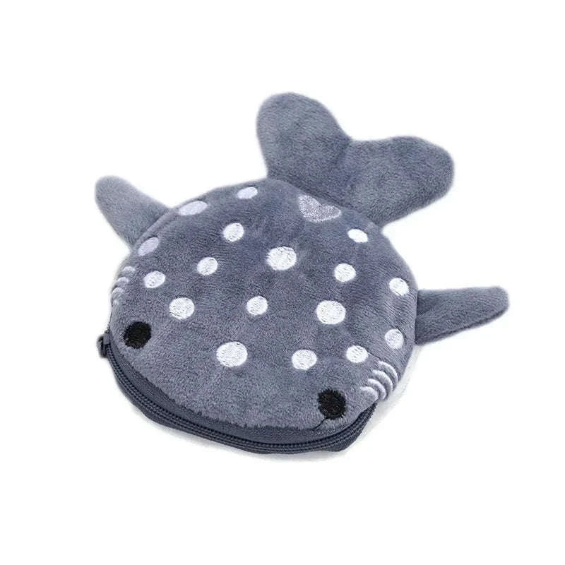 Blue Shark & Whale Plush Coin Purse – Cute Zipper Wallet-grey