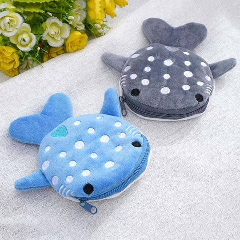 Blue Shark & Whale Plush Coin Purse Zipper Wallet-grey