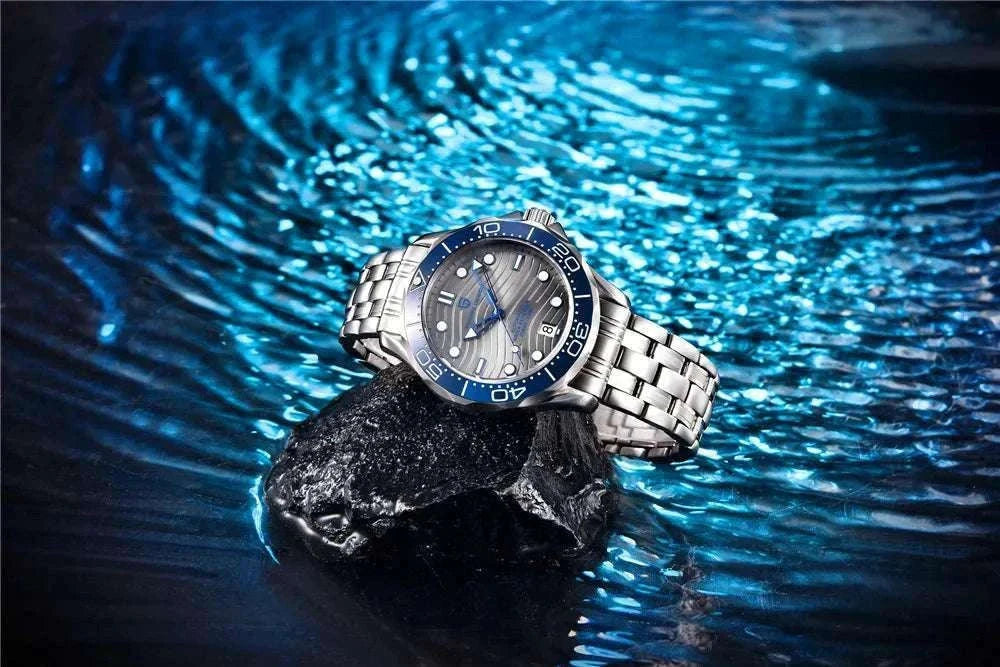 Blue Wave Dial Automatic Diver Watch with Sapphire Crystal-Rose Gold Green 2 / france