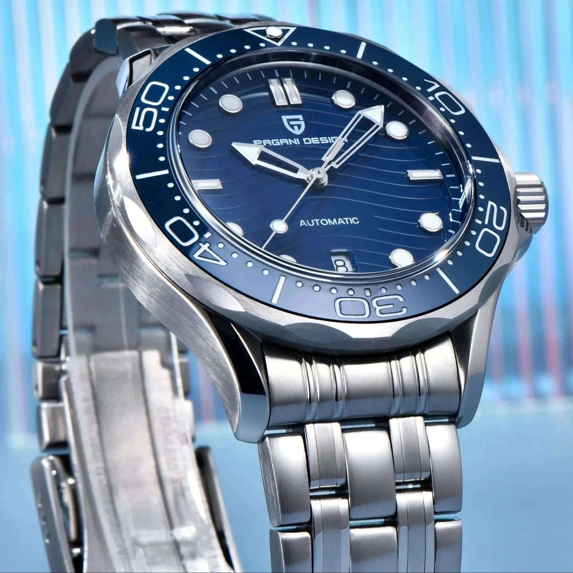 Blue Wave Dial Automatic Diver Watch with Sapphire Crystal-Rose Gold Green 2 / france