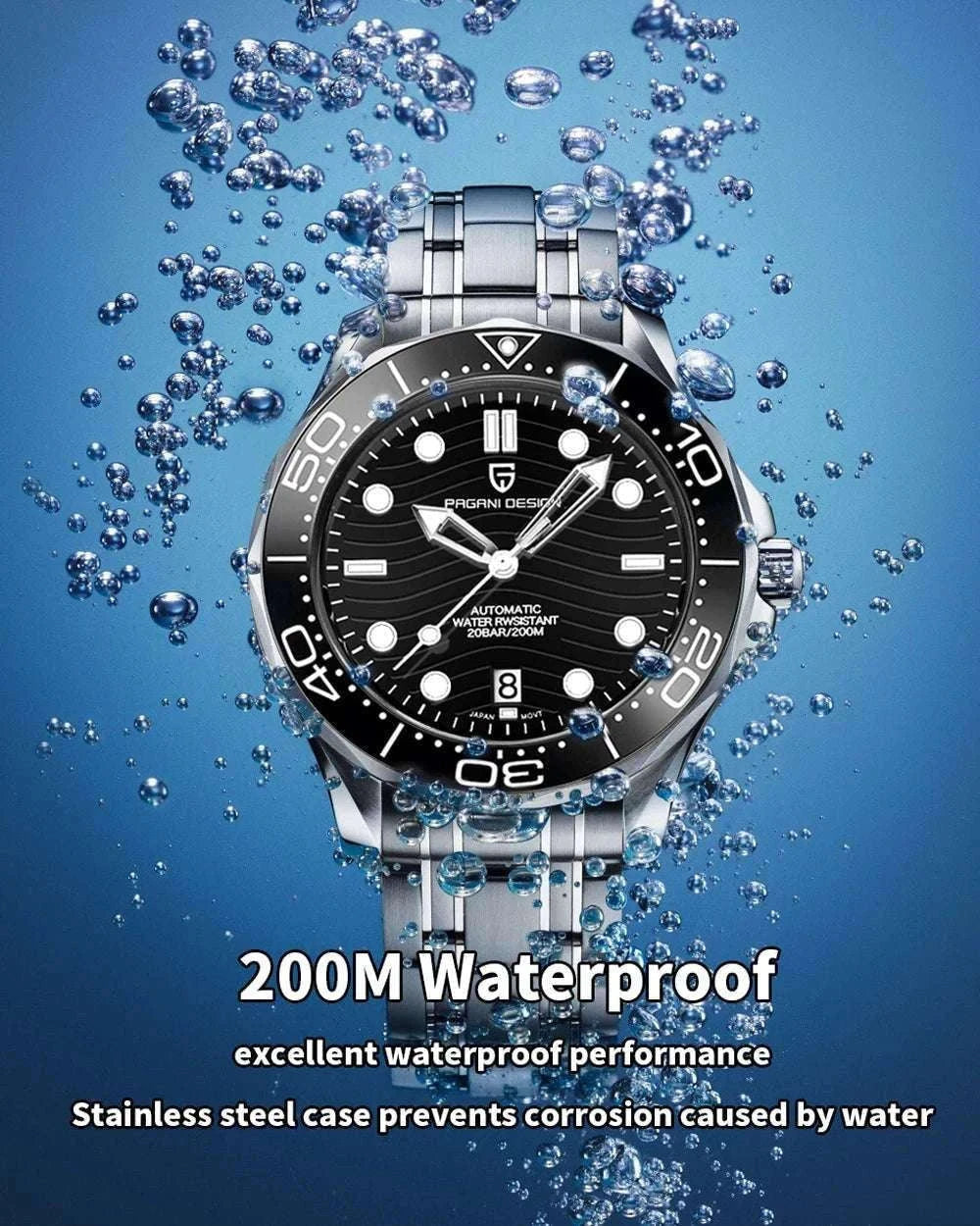 Blue Wave Dial Automatic Diver Watch with Sapphire Crystal-Rose Gold Green 2 / france