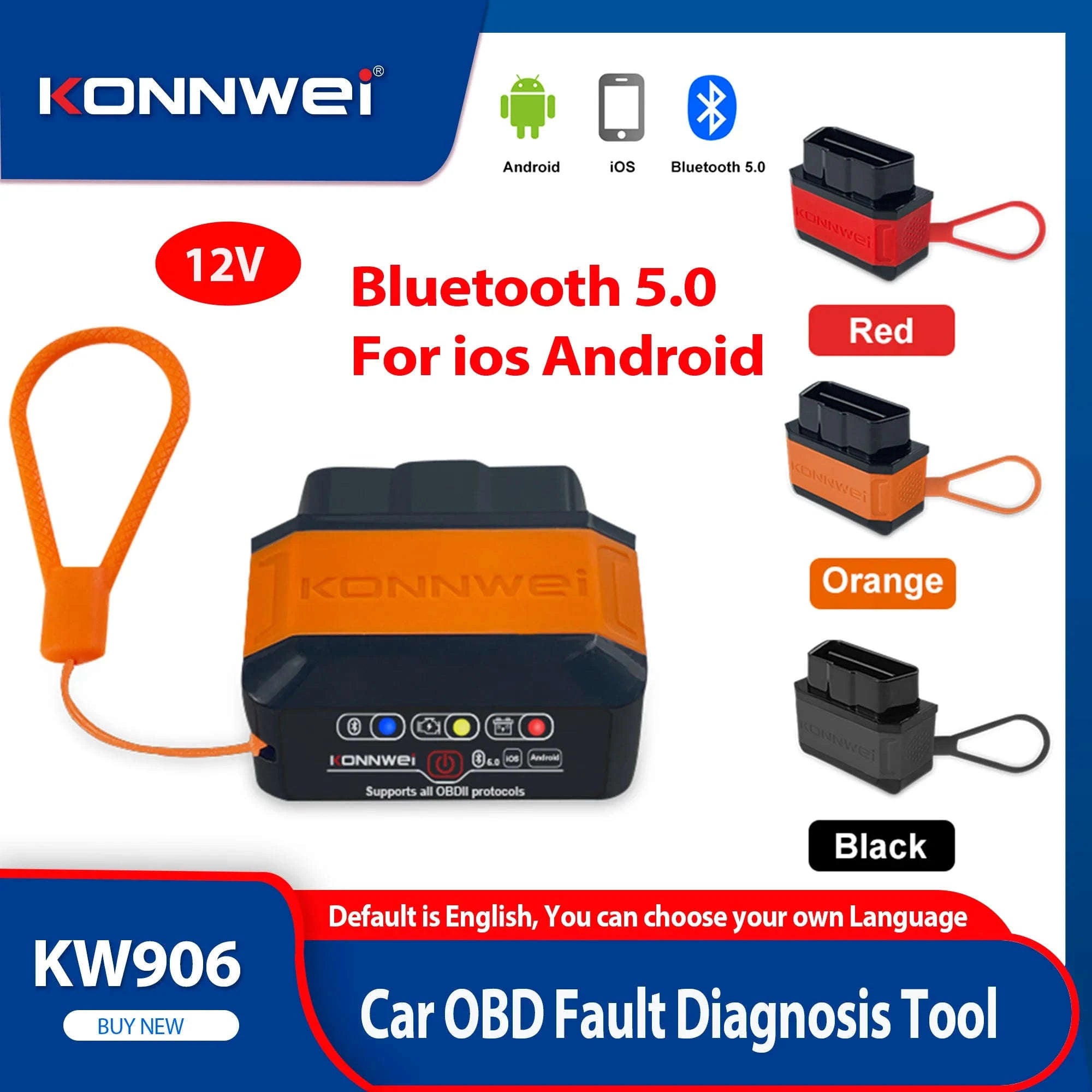 Bluetooth 5.0 OBD2 Scanner V1.5 for 12V Vehicles-KW906 Black / China Mainland