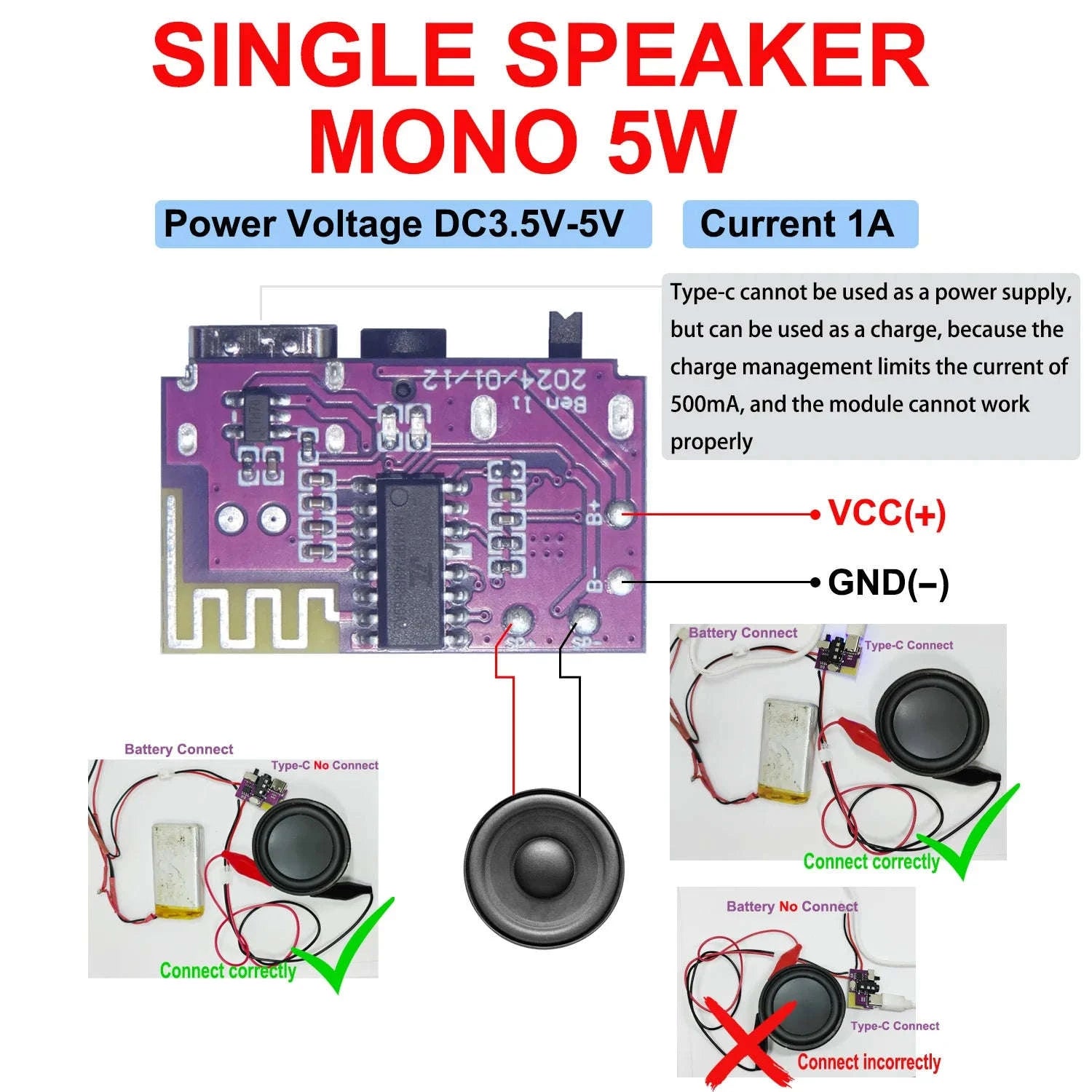 Bluetooth 5.4 Mono Amplifier Board for DIY Speakers-Default Title