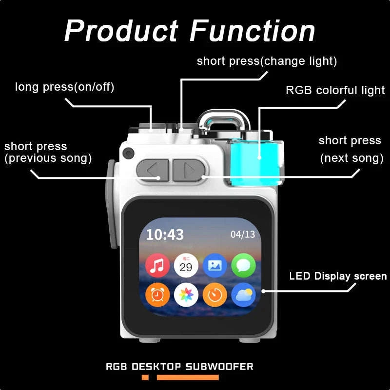 Bluetooth RGB Metal Speaker with LED Display, Clock & Subwoofer-Black / China Mainland