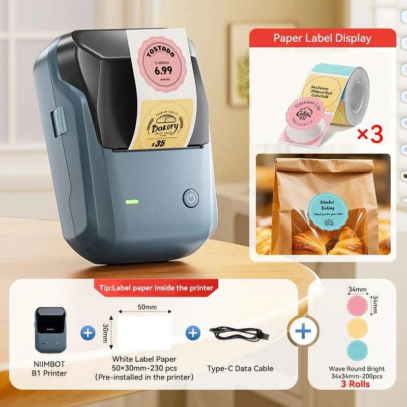 Bluetooth Thermal Label Printer B1 Wireless Barcode & Sticker Maker-D BL-34mm-3Roll / China Mainland
